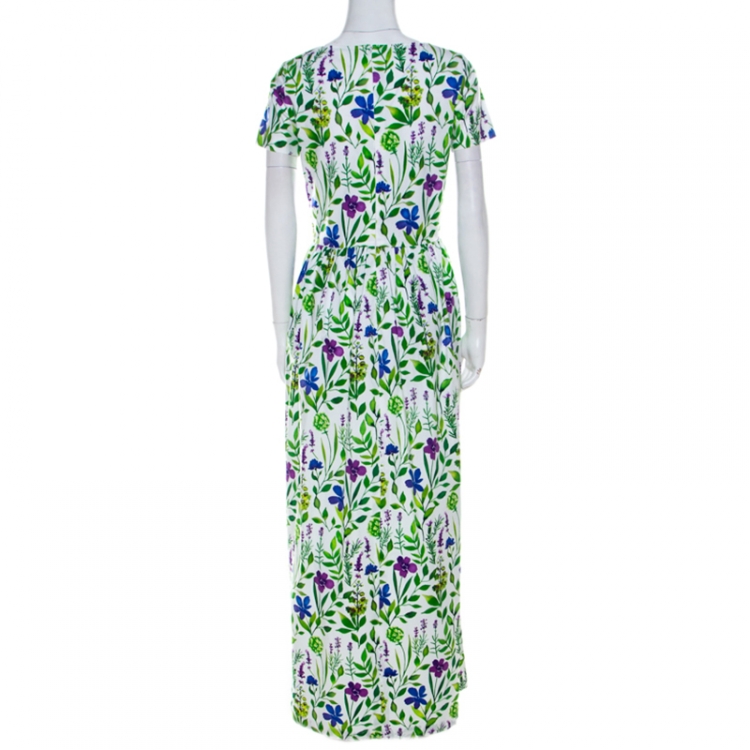 Pre Owned Oscar de la Renta Multicolor Floral Print Cotton Gathered Maxi Dress S