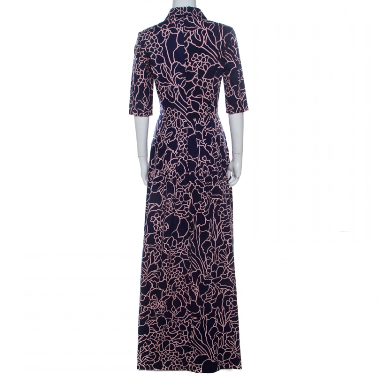 Pre Owned Oscar De La Renta Indigo Floral Printed Stretch Cotton Collared Maxi Dress S 