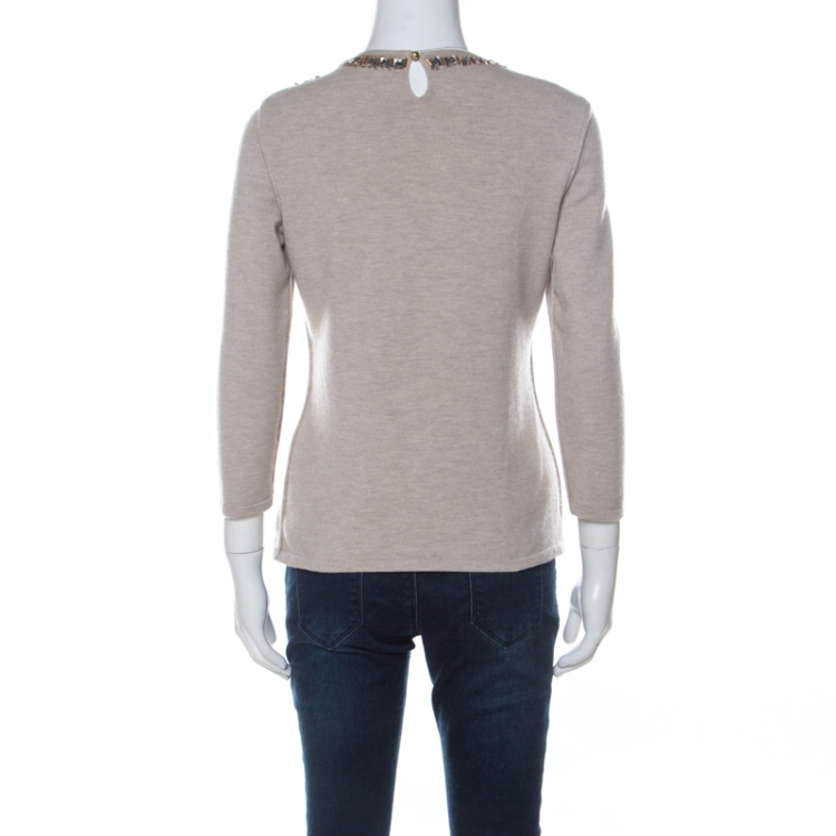 Pre Owned Oscar de la Renta Beige Cashmere Floral Feather Embellished Top M 