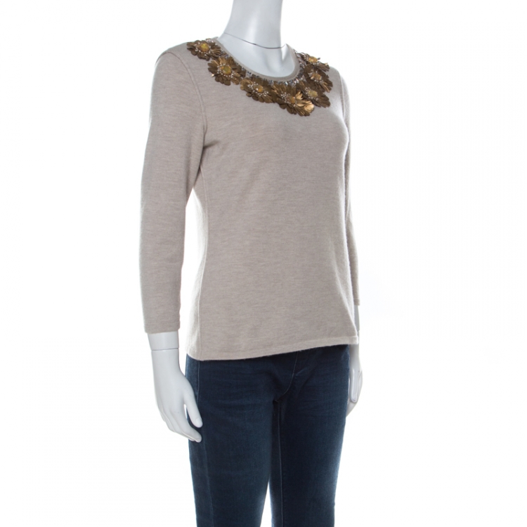 Pre Owned Oscar de la Renta Beige Cashmere Floral Feather Embellished Top M 