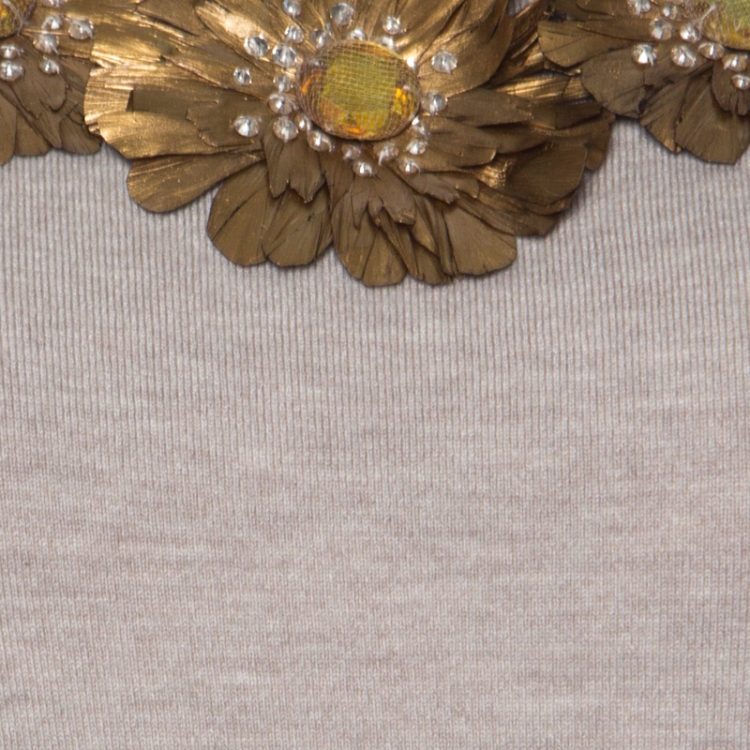 Pre Owned Oscar de la Renta Beige Cashmere Floral Feather Embellished Top M 