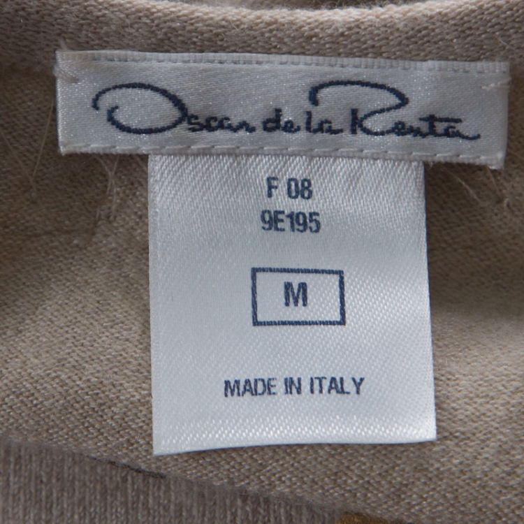 Pre Owned Oscar de la Renta Beige Cashmere Floral Feather Embellished Top M 