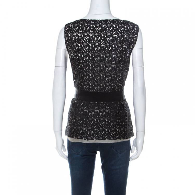 مملوكة مسبقًا Oscar de la Renta Black Lace Bow Detail Sleeveless Top L