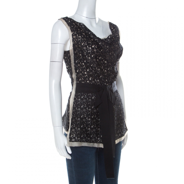 مملوكة مسبقًا Oscar de la Renta Black Lace Bow Detail Sleeveless Top L