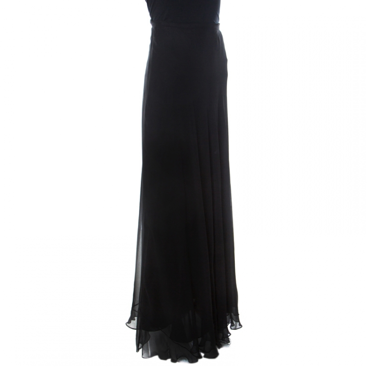 مملوكة مسبقًا Oscar de la Renta Black Crinkle Chiffon Maxi Skirt L