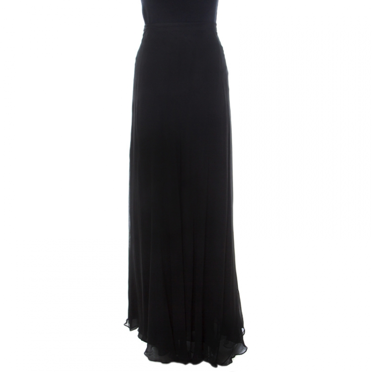 مملوكة مسبقًا Oscar de la Renta Black Crinkle Chiffon Maxi Skirt L