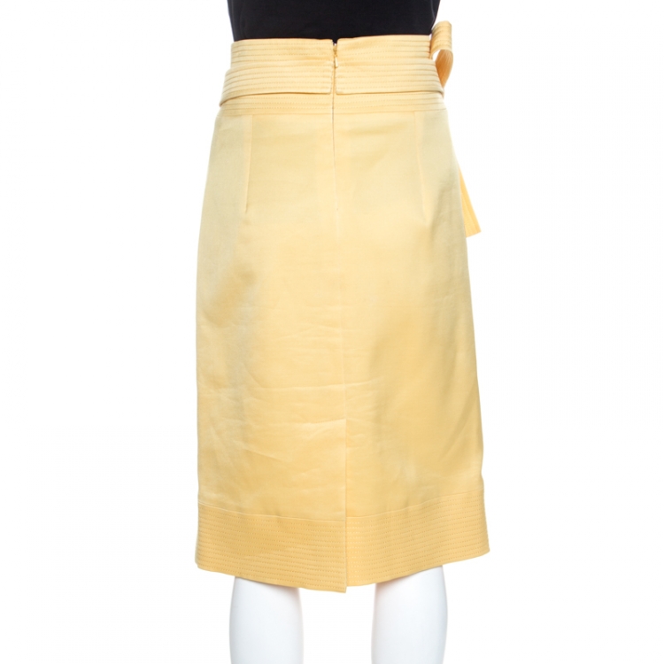 Pre Owned Oscar de la Renta Yellow Silk Waist Tie Detail Pencil Skirt M