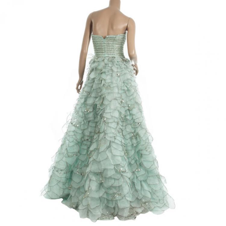 Pre Owned Oscar De La Renta Blue Sequined Silk Resort 2012 Evening Gown S