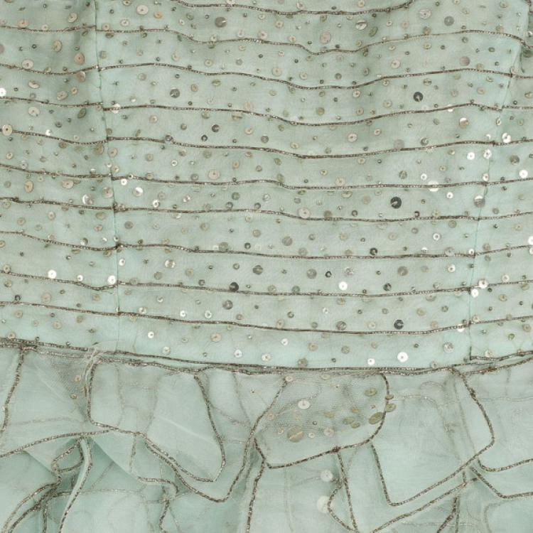 Pre Owned Oscar De La Renta Blue Sequined Silk Resort 2012 Evening Gown S