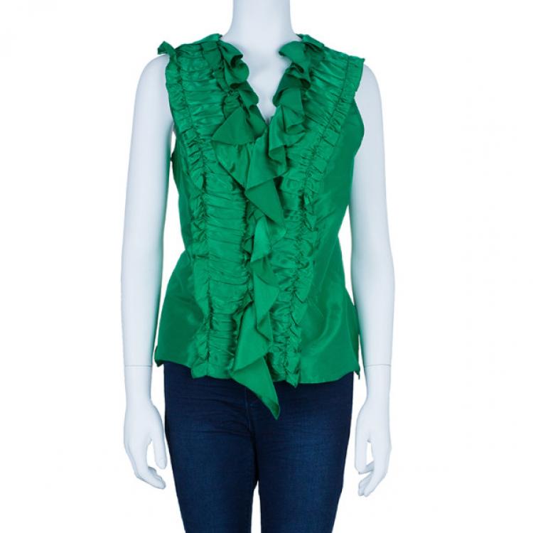 Pre Owned Oscar De La Renta Emerald Ruffle Satin Sleeveless Top L