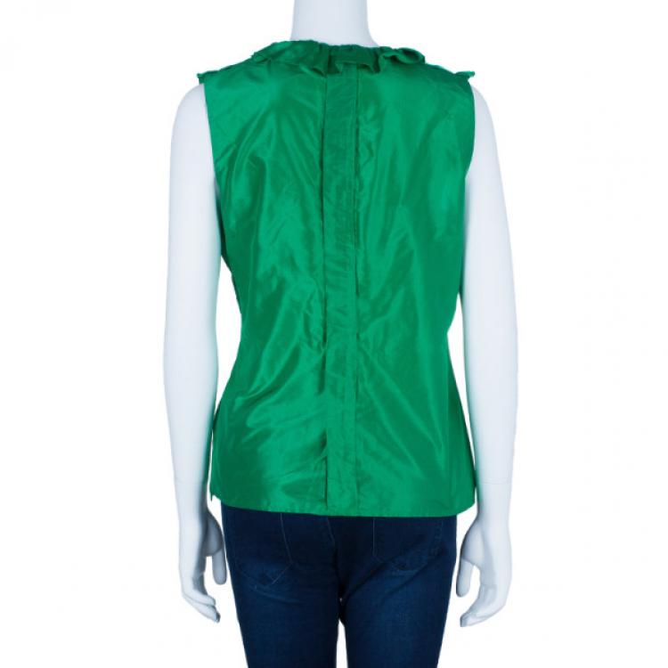 Pre Owned Oscar De La Renta Emerald Ruffle Satin Sleeveless Top L