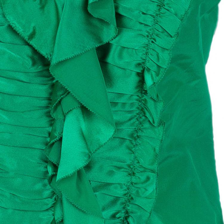Pre Owned Oscar De La Renta Emerald Ruffle Satin Sleeveless Top L