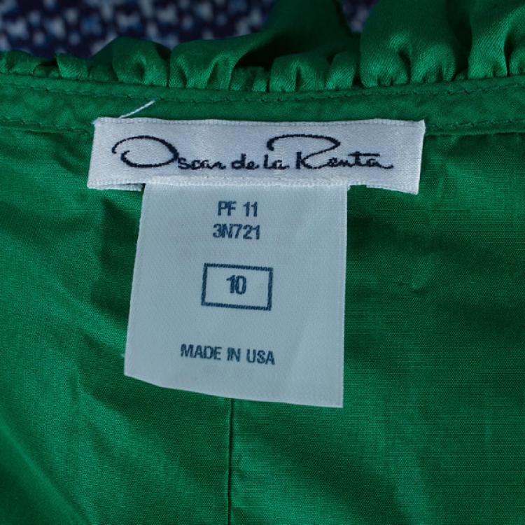 Pre Owned Oscar De La Renta Emerald Ruffle Satin Sleeveless Top L