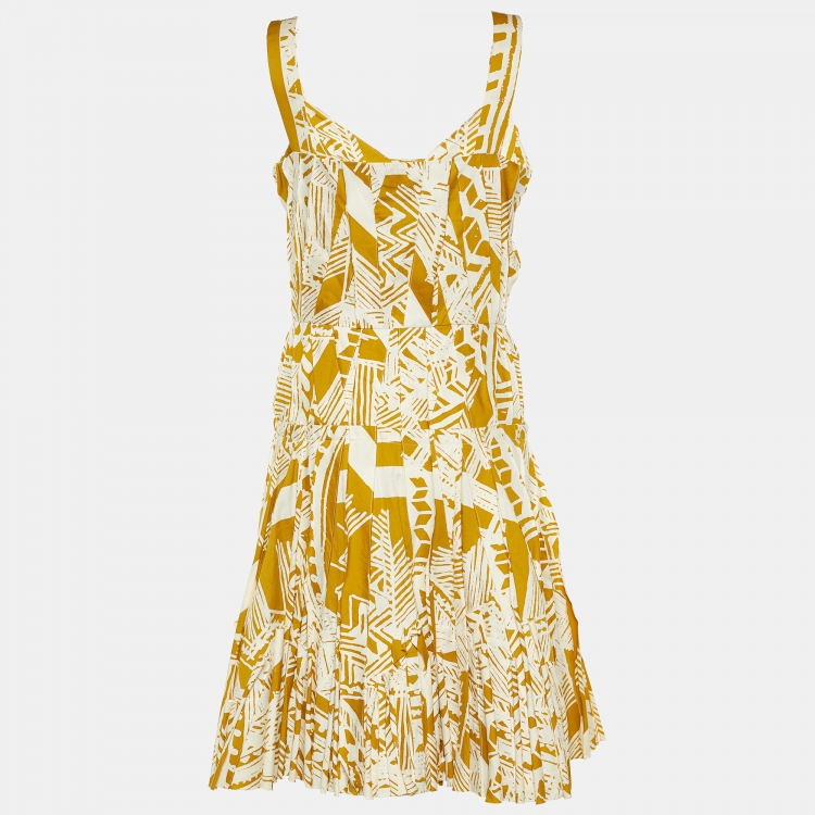 Pre Owned Oscar de la Renta Yellow/White Printed Pleated Sleeveless Dress M