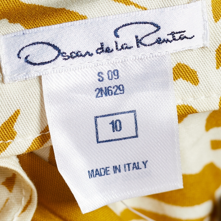 Pre Owned Oscar de la Renta Yellow/White Printed Pleated Sleeveless Dress M