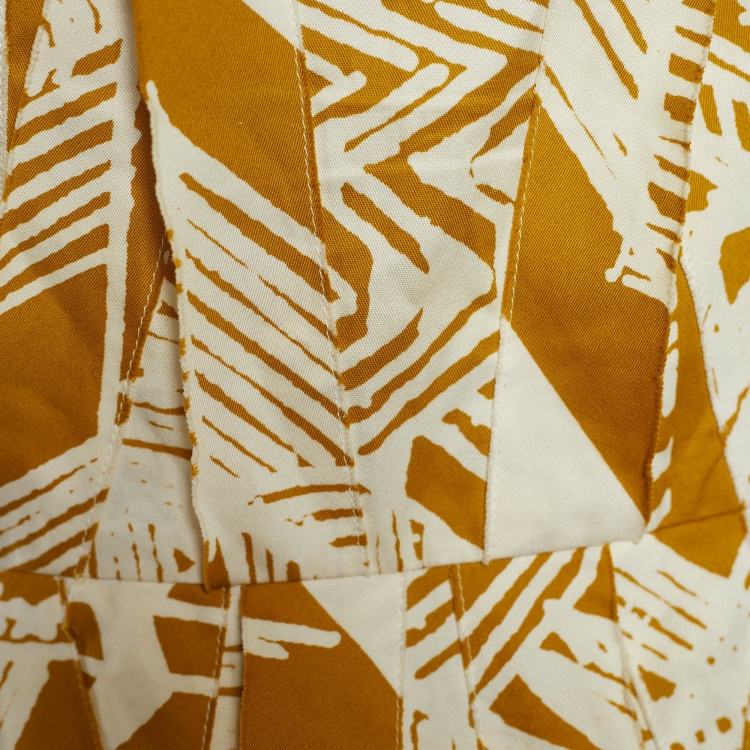 Pre Owned Oscar de la Renta Yellow/White Printed Pleated Sleeveless Dress M