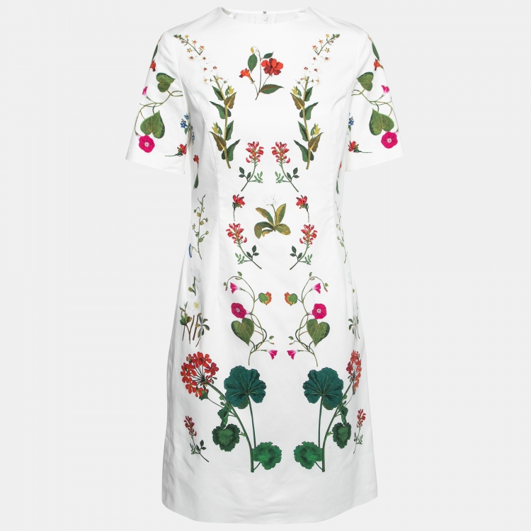 Pre Owned Oscar de la Renta White Floral Printed Cotton Short Sleeve Dress L