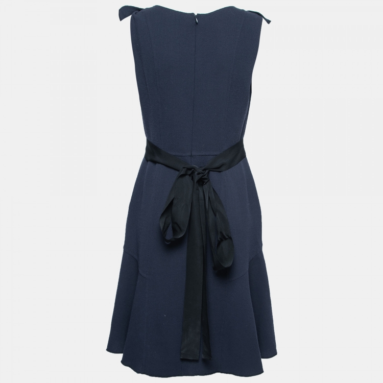 Pre Owned Oscar de la Renta Navy Blue Wool Ruffled Belted Midi Dress M