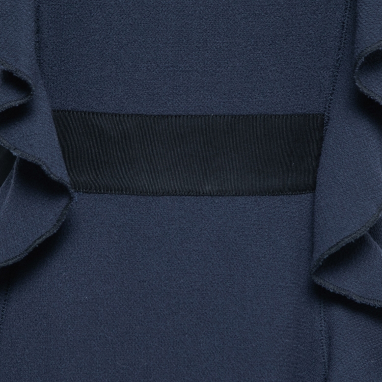 Pre Owned Oscar de la Renta Navy Blue Wool Ruffled Belted Midi Dress M