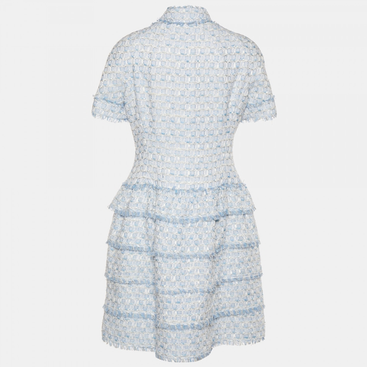 مملوكة مسبقًا Oscar de la Renta Light Blue Boucle Tiered Mini Dress XL