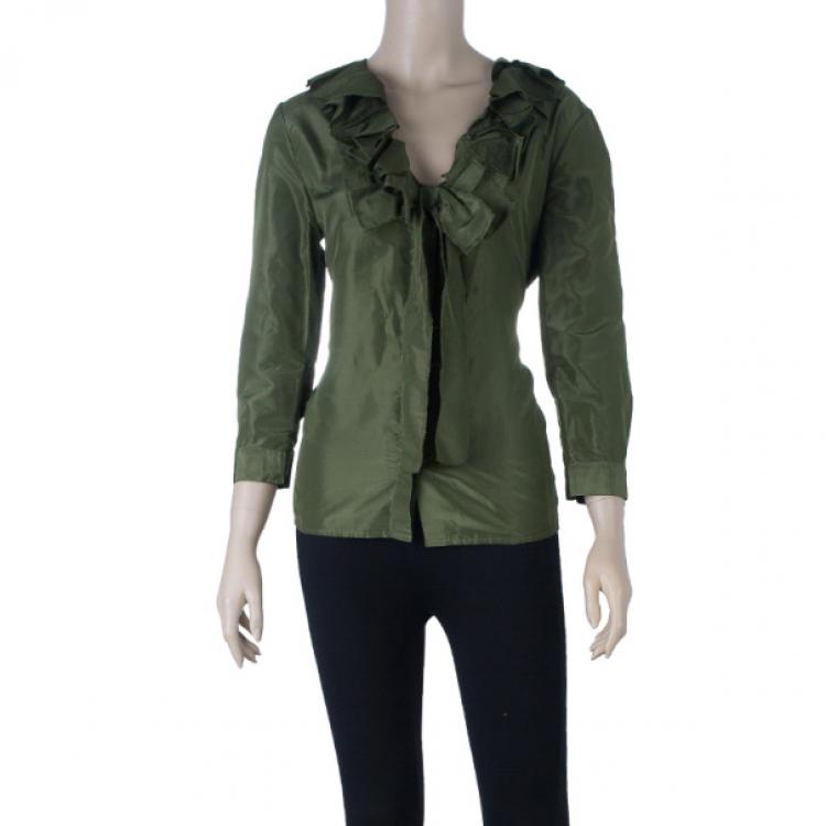 Pre Owned Oscar de la Renta Olive Green Silk Ruffle Top XL