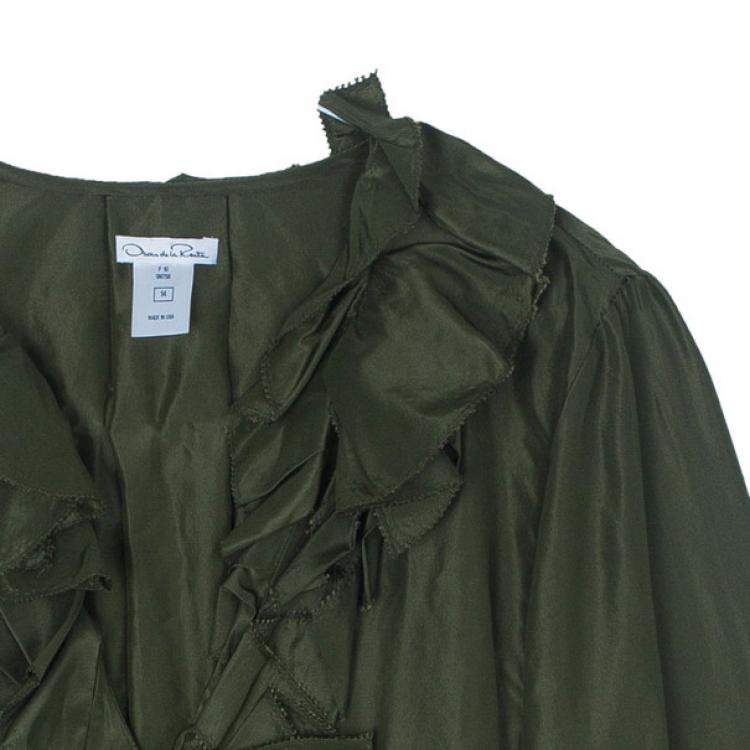 Pre Owned Oscar de la Renta Olive Green Silk Ruffle Top XL