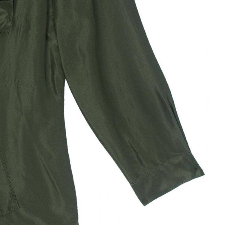 Pre Owned Oscar de la Renta Olive Green Silk Ruffle Top XL