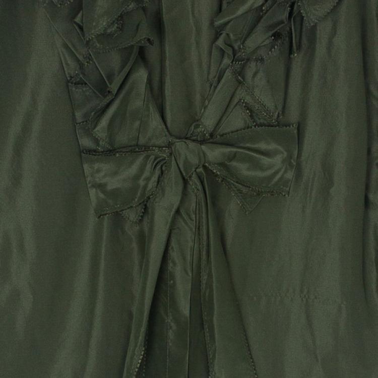 Pre Owned Oscar de la Renta Olive Green Silk Ruffle Top XL