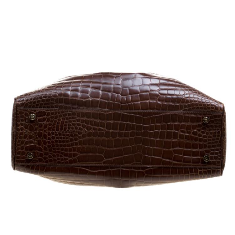 Pre Owned Oscar De La Renta Brown Croc Embossed Leather Tote