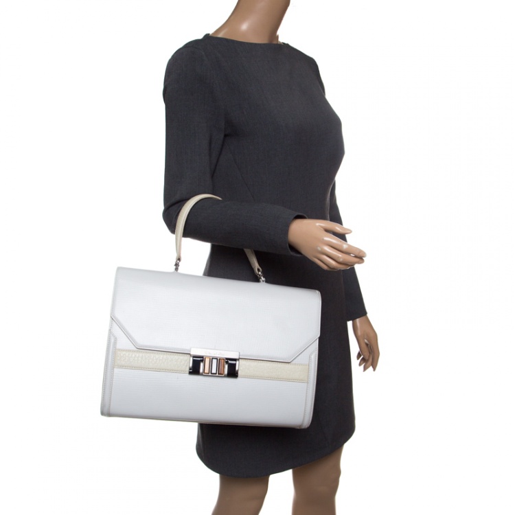 Pre Owned Oscar de la Renta White/Cream Leather Top Handle Bag