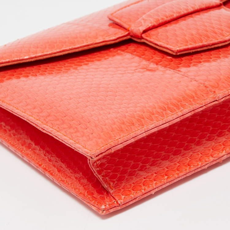 Pre Owned Oscar De La Renta Orange Watersnake Leather Small Grafton Clutch