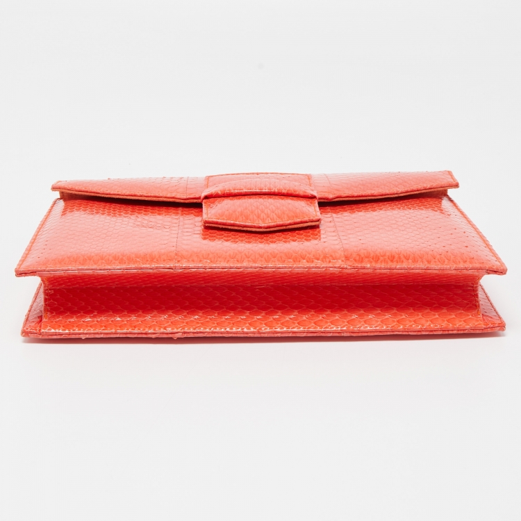 Pre Owned Oscar De La Renta Orange Watersnake Leather Small Grafton Clutch