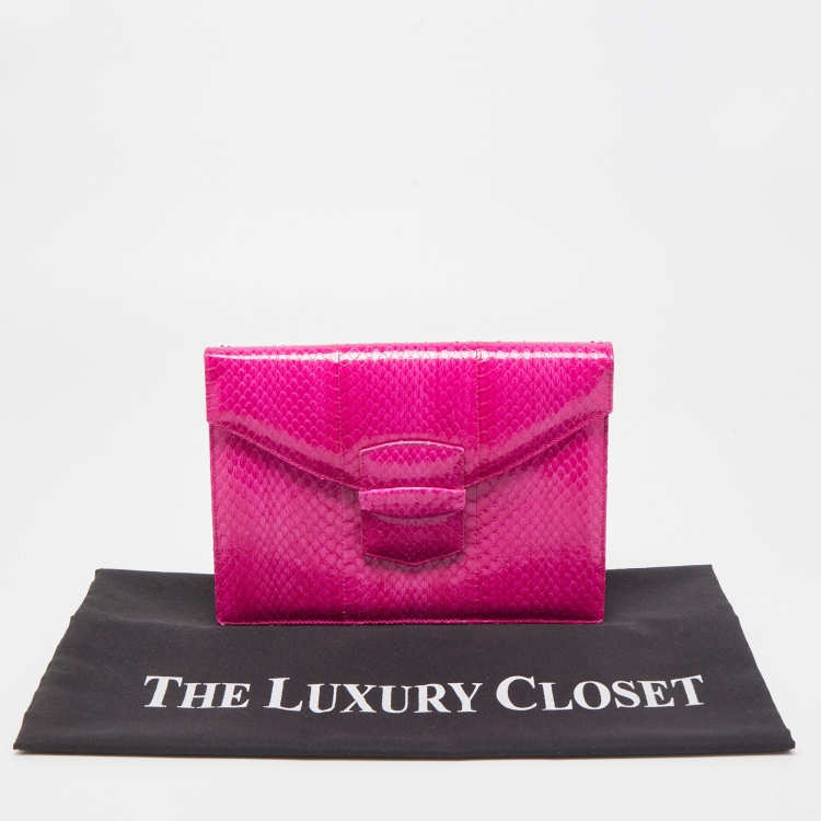 Pre Owned Oscar de la Renta Pink Watersnake Leather Small Grafton Clutch