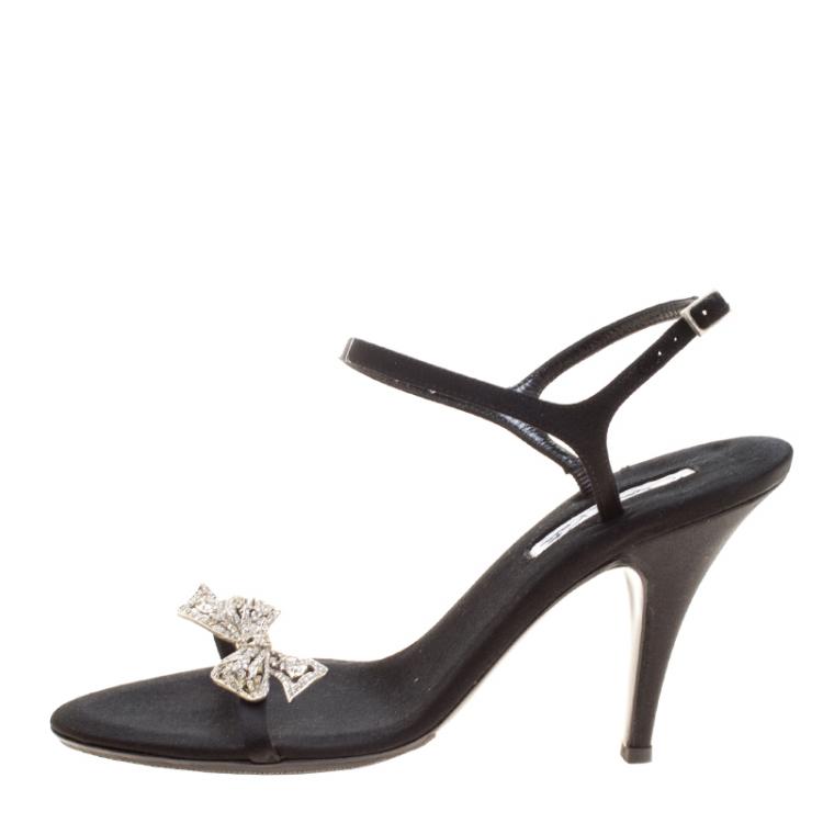 Pre Owned Oscar De La Renta Black Satin Crystal Bow Embellished Ankle Strap Sandals Size 37