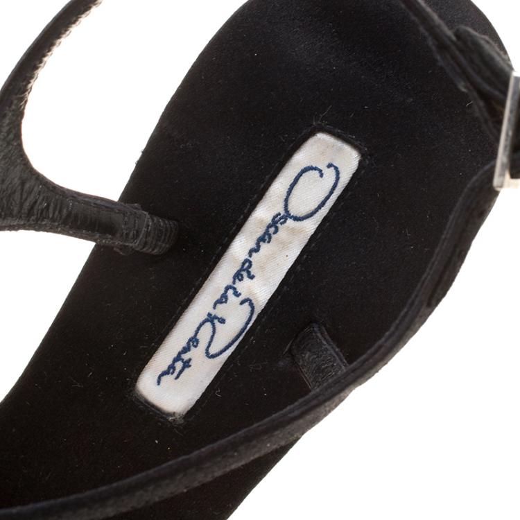 Pre Owned Oscar De La Renta Black Satin Crystal Bow Embellished Ankle Strap Sandals Size 37
