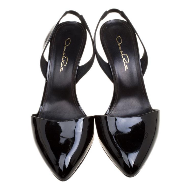 Pre Owned Oscar De La Renta Black Patent Leather Samie Slingback Sandals Size 39