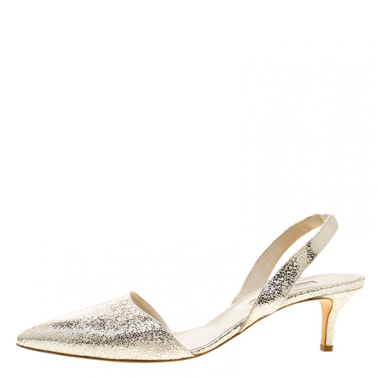 Pre Owned Oscar De La Renta Metallic Silver Crackled Leather Samie Slingback Sandals Size 40.5