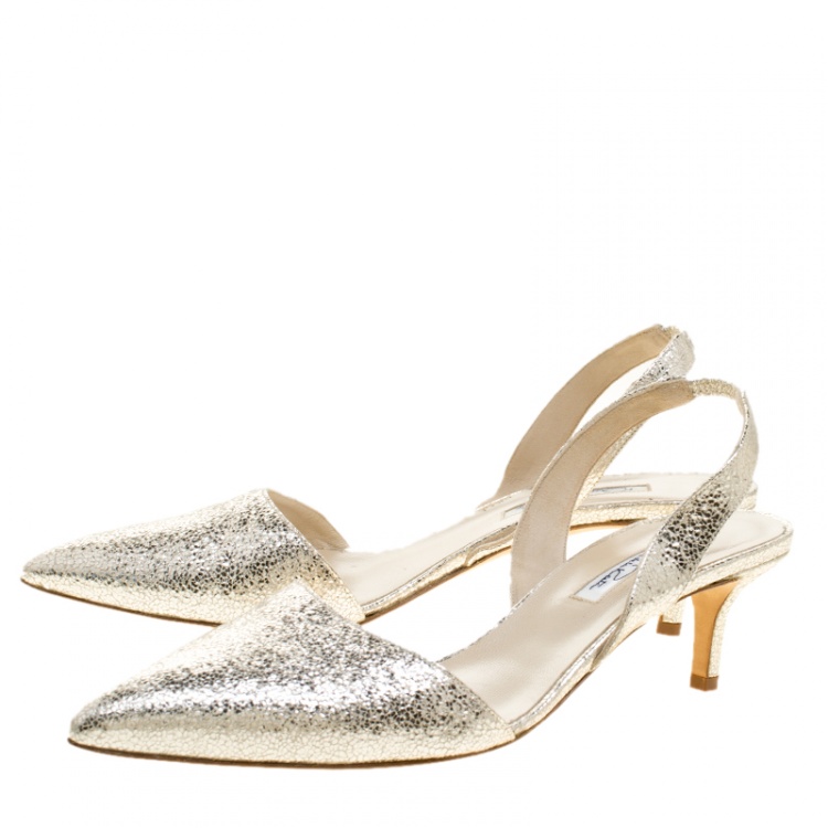 Pre Owned Oscar De La Renta Metallic Silver Crackled Leather Samie Slingback Sandals Size 40.5
