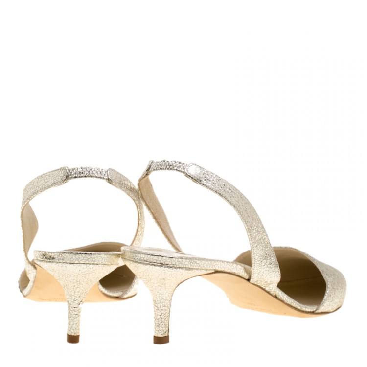 Pre Owned Oscar De La Renta Metallic Silver Crackled Leather Samie Slingback Sandals Size 40.5