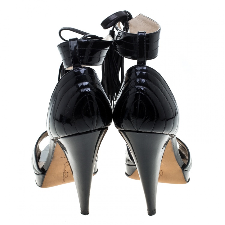 Pre Owned Oscar De La Renta Black Patent Leather Peep Toe Ankle Cuff Platform Sandals Size 41