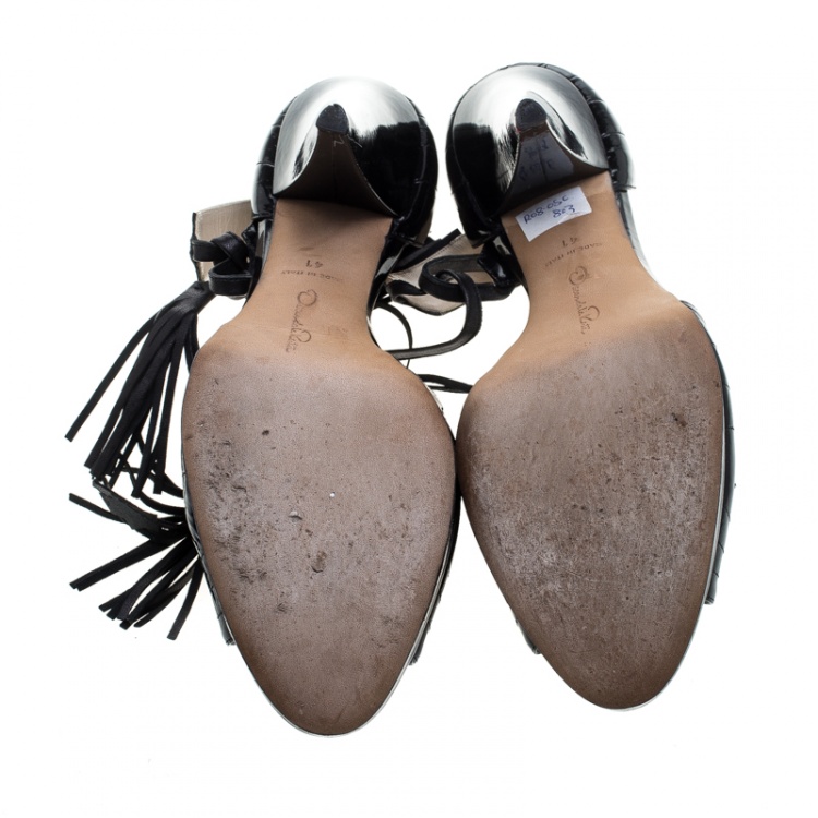 Pre Owned Oscar De La Renta Black Patent Leather Peep Toe Ankle Cuff Platform Sandals Size 41