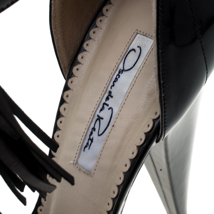 Pre Owned Oscar De La Renta Black Patent Leather Peep Toe Ankle Cuff Platform Sandals Size 41