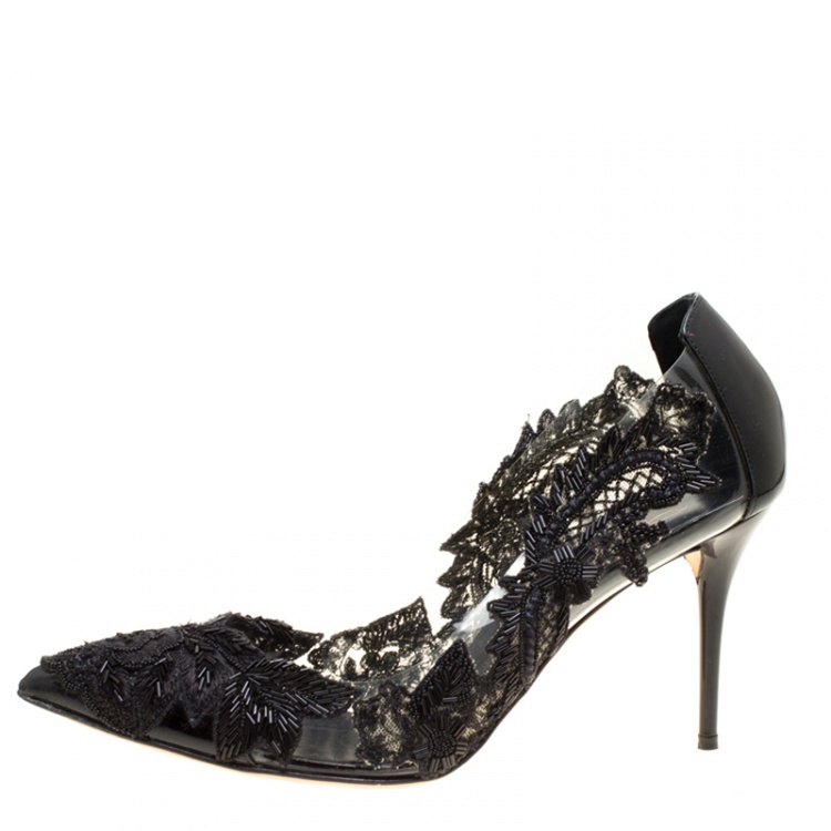Pre Owned Oscar de la Renta Black Patent Leather and PVC Alyssa Embroidered Pumps Size 38
