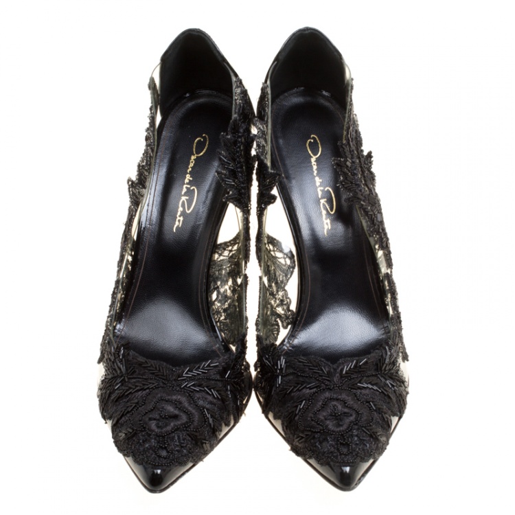 Pre Owned Oscar de la Renta Black Patent Leather and PVC Alyssa Embroidered Pumps Size 38