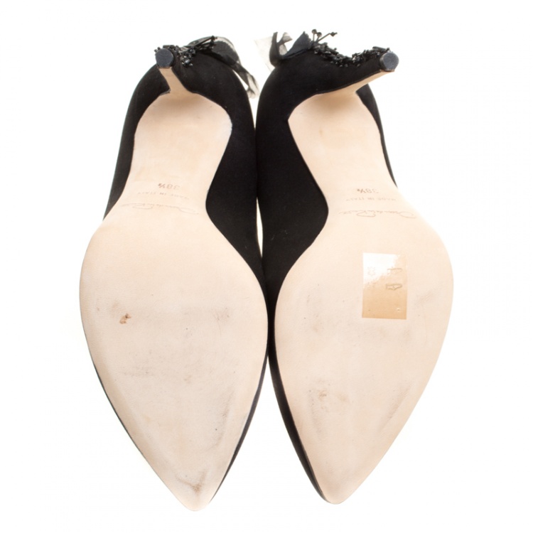 Pre Owned Oscar de la Renta Black Satin Kincy Embellished Heel Pumps Size 38.5