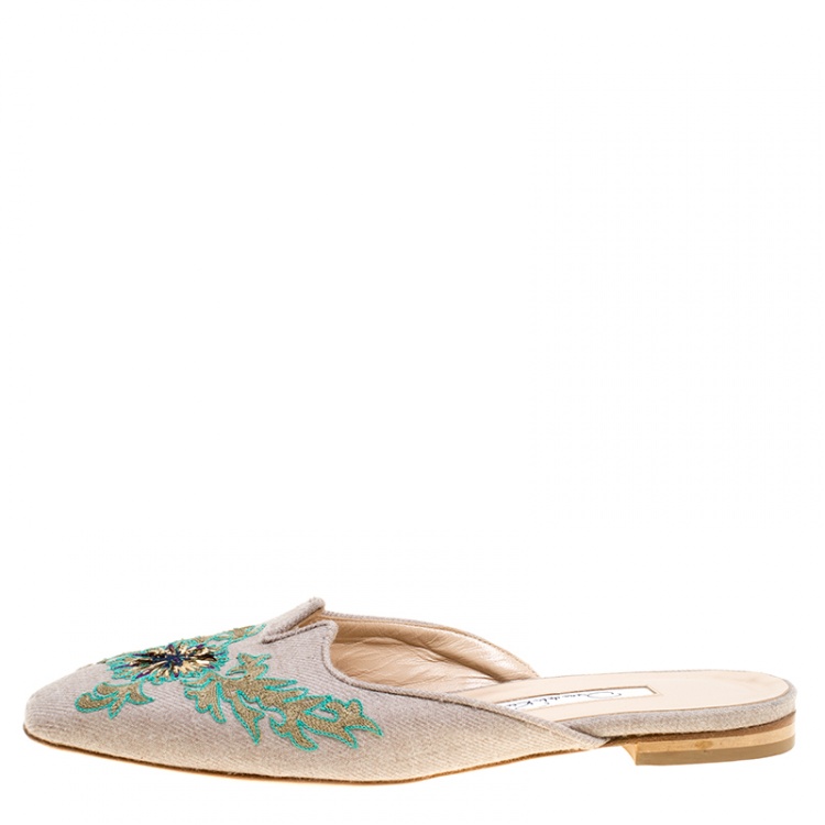 Pre Owned Oscar de la Renta Multicolor Canvas Embroidered Spanish Flat Mules Size 38