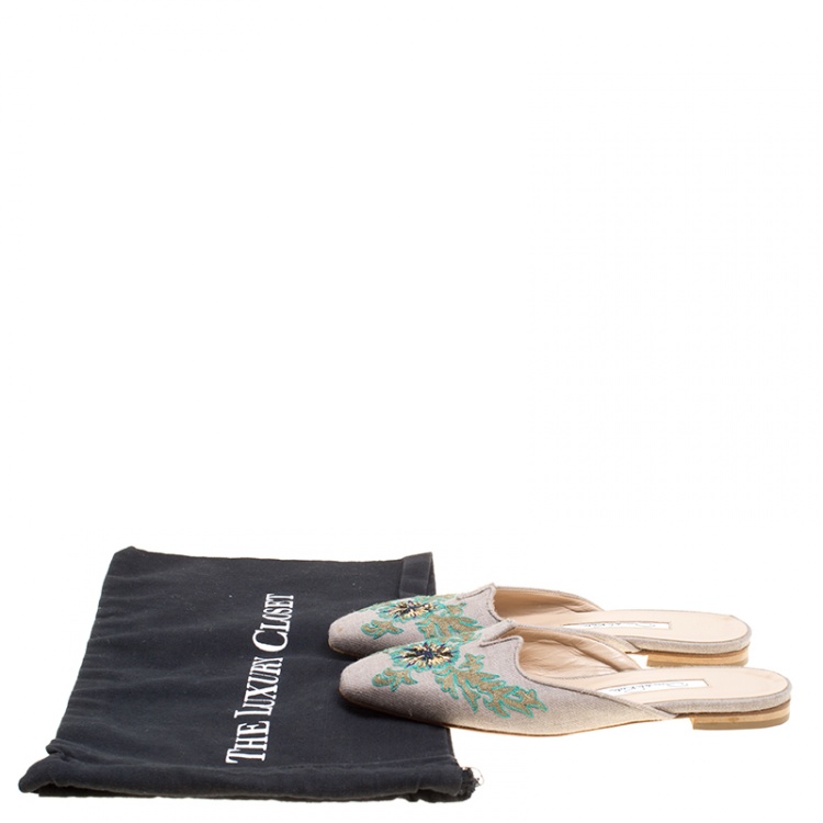 Pre Owned Oscar de la Renta Multicolor Canvas Embroidered Spanish Flat Mules Size 38