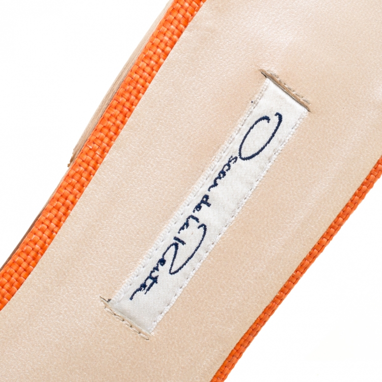 Pre Owned Oscar de la Renta Orange Embroidered Raffia Flat Mules Size 40