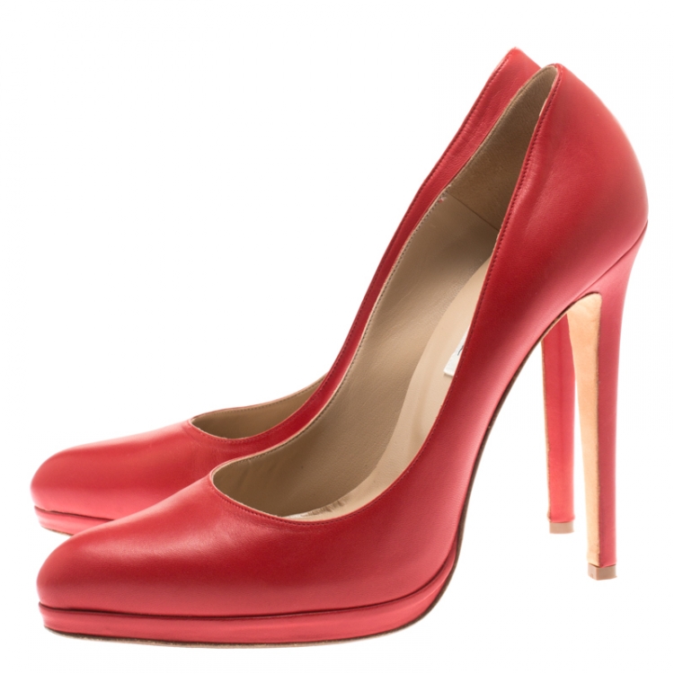 Pre Owned Oscar De La Renta Red Leather Pointed Toe Pumps Size 40.5