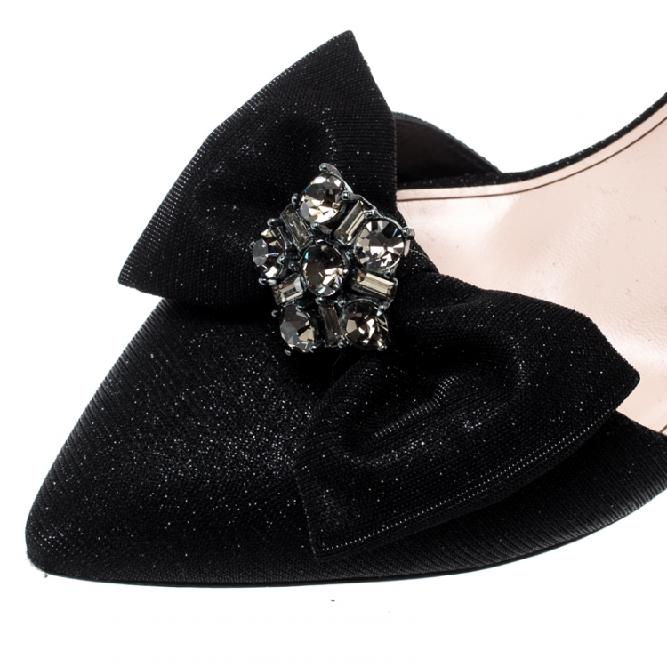 Pre Owned Oscar De La Renta Black Glitter Fabric Samie Bow Slingback Sandals Size 40